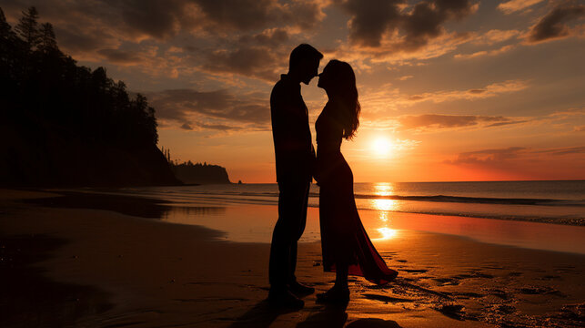 A passionate kissing couple silhouetted against a radiant sunset on a tranquil beach