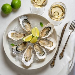 oysters on a plate with vine and lemon