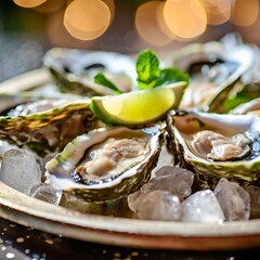 oysters on a plate with bokeh