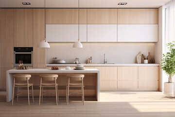 modern wooden kitchen design in 3d rendering