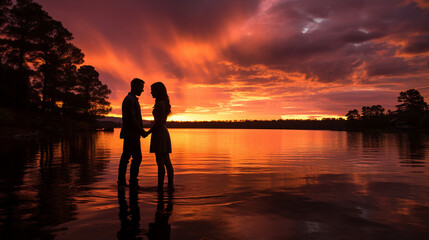 A couple locked in a passionate kiss during a dramatic and colorful sunrise on a serene lake