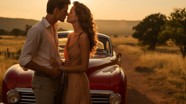 A passionate kiss by a couple in a vintage, classic convertible car, surrounded by the beauty of an open road