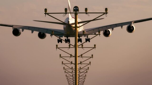 Rear view of a colossal four-engine passenger jet plane descends for landing, passing through the glissade light poles descent path during the dusk. Widebody airplane approaching the runway at sunset