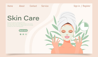 Skin care concept. Landing page template. A woman does cosmetic spa treatments for her face. Morning routine. Eye patches, cosmetic masks and cream. Illustration, vector