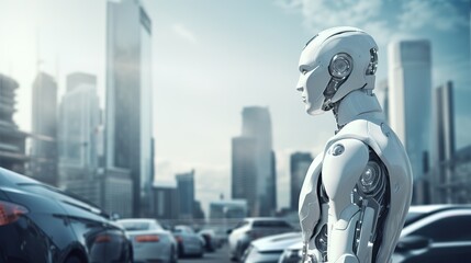 futuristic cyborg robot standing in wide street city landscape with cars passing by as wide banner with copyspace area