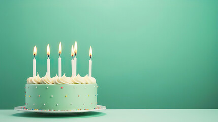 Birthday cake with eight candles on pastel green background with copy space - Generative Ai - obrazy, fototapety, plakaty