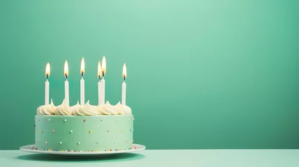 Foto op Plexiglas Birthday cake with eight candles on pastel green background with copy space - Generative Ai © Chich