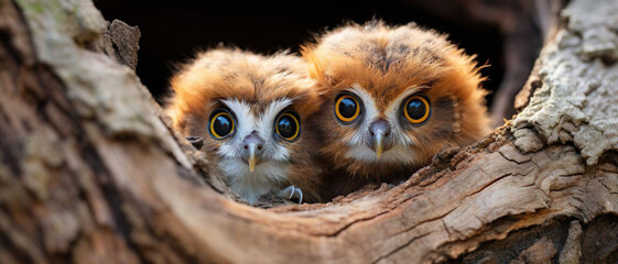 Close Up of Cute Baby Owls in Tree - Generative Ai
