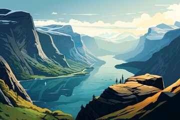 Colorful retro style illustration travel poster of a Scandinavian fjord. - obrazy, fototapety, plakaty