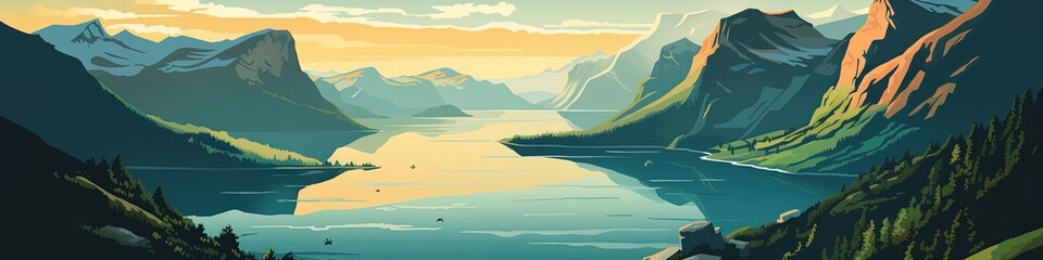Fototapeta na wymiar Colorful retro style illustration travel poster of a Scandinavian fjord.