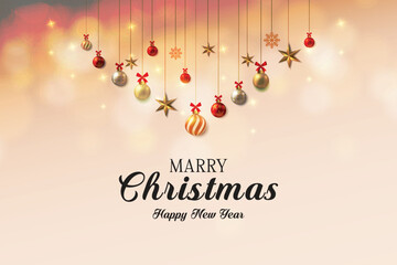 Merry Christmas day and happy new year background with Christmas tree, balls, ribbon, confetti.