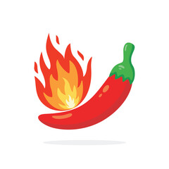 Hot red chilies with burning flames. Hot red chili pepper logo designed in cartoon flat style. Spicy red chili. Vector illustration.