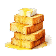 Stacked Cornbread with butter, isolated on white transparent backgroud. Watercolor illustration