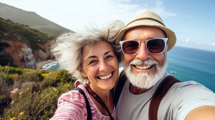copy space, stockphoto, elderly couple taking a selfie on the cliffs of the Opal coast in France. Beautiful aging happy married couple, posing on cliffs near the ocean. Wonderful view. Happy elderly c