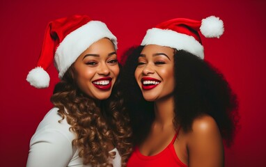 Two smiling happy African-American women in Christmas hats on a red background.