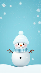 Fototapeta premium Snowman with scarf and hat on plain background