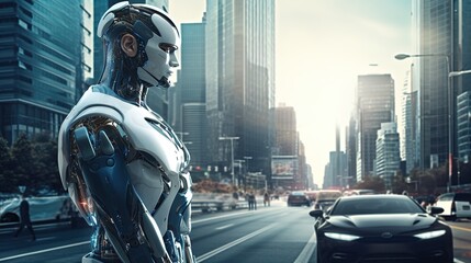 futuristic cyborg robot standing in wide street city landscape with cars passing by as wide banner with copyspace area