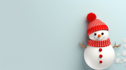 Snowman with scarf and hat on plain background