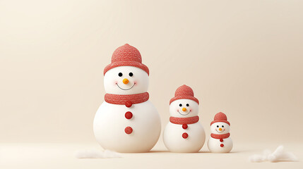 Snowman family on light background. Copy space