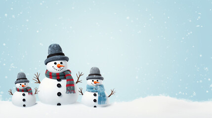 Snowman family on light background. Copy space