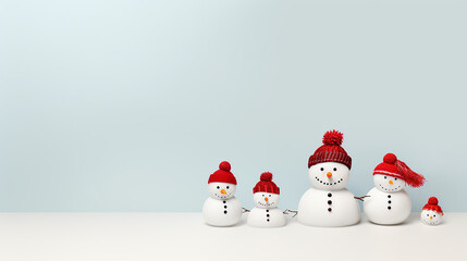 Snowman family on light background. Copy space