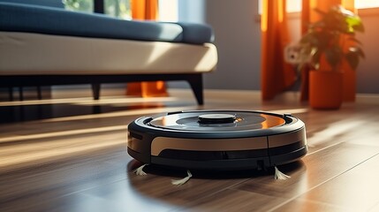 robotic vacuum cleaner on laminate wood floor smart cleaning technology