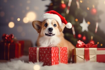 Close-up portrait of a dog wearing Santa hat celebrating Christmas sitting with the gifts near the Christmas tree
