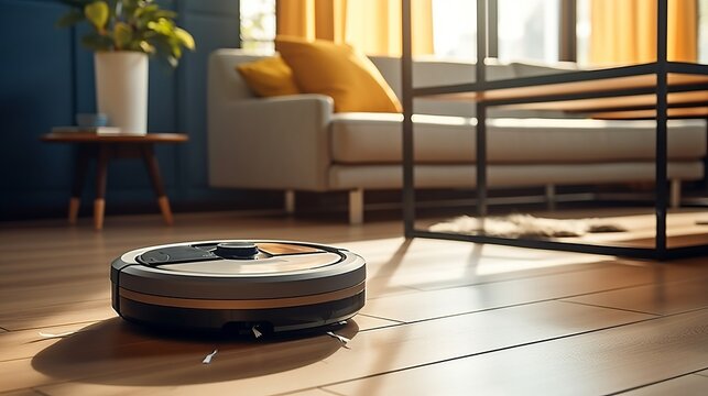 Robotic Vacuum Cleaner On Laminate Wood Floor Smart Cleaning Technology