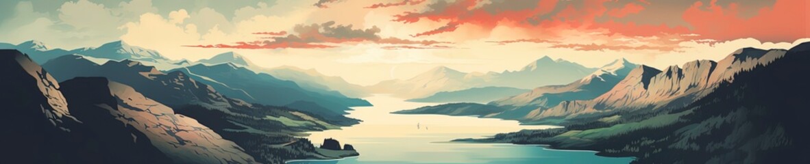 Colorful retro style illustration travel poster of a Scandinavian fjord.