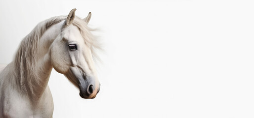 Obraz na płótnie Canvas white horse portrait on white background, panoramic layout. Generative Ai