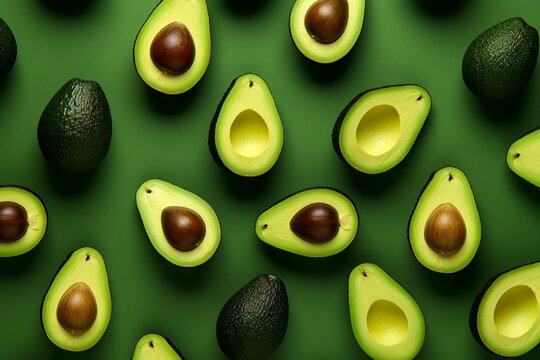 Pattern of avocado halves on a green backdrop. Generative AI