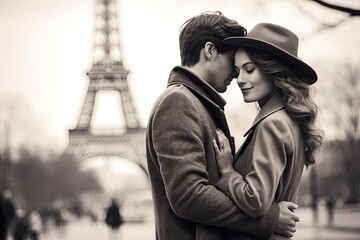 Couple in love. Kissing in the streets of Paris with Eiffel Tower in background. Generative Ai