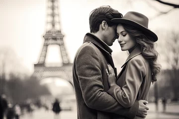 Fotobehang Couple in love. Kissing in the streets of Paris with Eiffel Tower in background. Generative Ai © ArtmediaworX