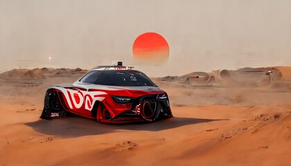wide spot car with red side mirrors with livery design logos drifting in a desert with double sun set with a lot of dust cinematic hyper realistic concept art cyber punk 