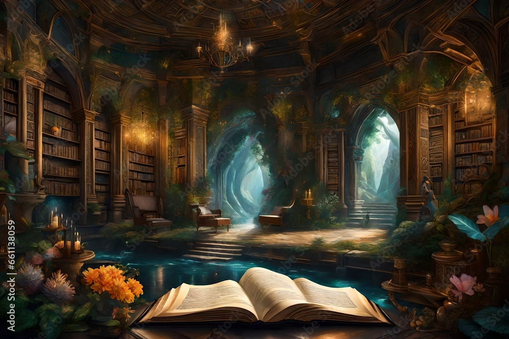 Aufkleber a captivating fantasy realm within the pages of an enchanted book - ai generative