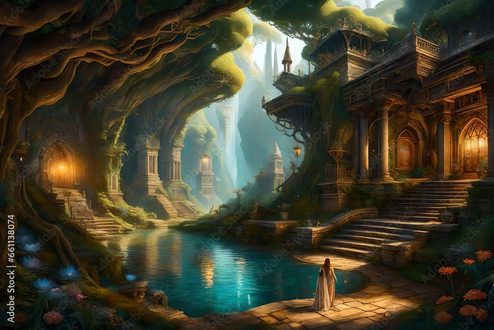 Poster a captivating fantasy realm within the pages of an enchanted book - ai generative