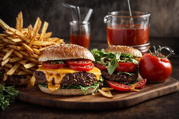 Grilled beef burger with fries cheese and tomato