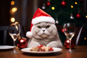 Close-up portrait of a cat wearing Santa hat celebrating Christmas. Table served for holiday dinner