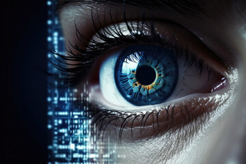 Obraz premium Female cyber eye. Futuristic bionic technology. Digital human eye model scans information