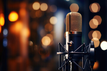 Studio microphone on blurred background. Black professional condenser microphone. Podcast recording - obrazy, fototapety, plakaty