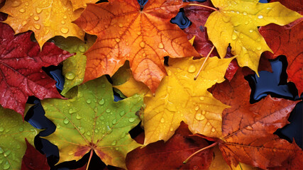 Naklejka na ściany i meble Background of colored wet autumnal maple leaves