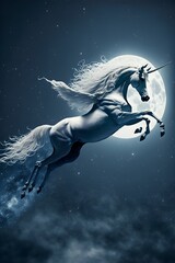 Obraz na płótnie Canvas cinematic realistic photo of a unicorn flying over top of the moon stars 