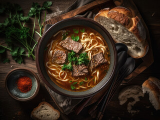 Beef Noodle Soup in a rustic kitchen