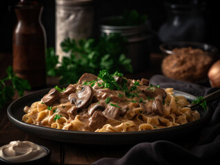 Beef Stroganoff in a rustic kitchen