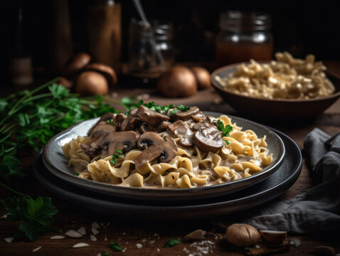 Beef Stroganoff in a rustic kitchen