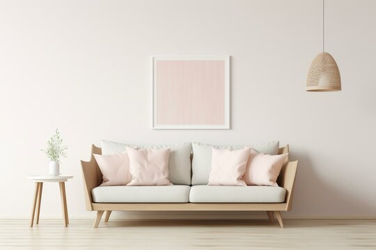 Minimalist Scandinavian interior with sofa, coffee table, and empty wall mock up in pastel colors. Generative AI © Sia