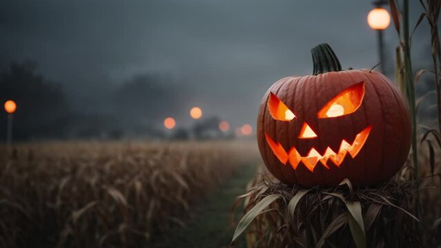 Spooky Halloween jack-o-lantern misty farm night