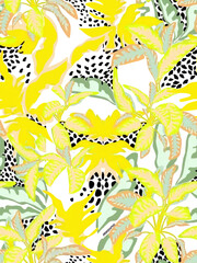 Seamless pattern of watercolor flowers, branches, leaves and leopard. Pattern suitable for textile and graphic work.