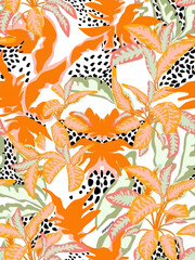 Seamless pattern of watercolor flowers, branches, leaves and leopard. Pattern suitable for textile and graphic work.