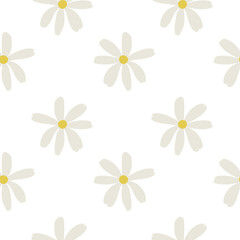 White daisy chamomile flowers. Chamomile vector seamless pattern. Cute round flower head plant nature collection. Decoration element. Flat design for cards, packaging, prints, textile.